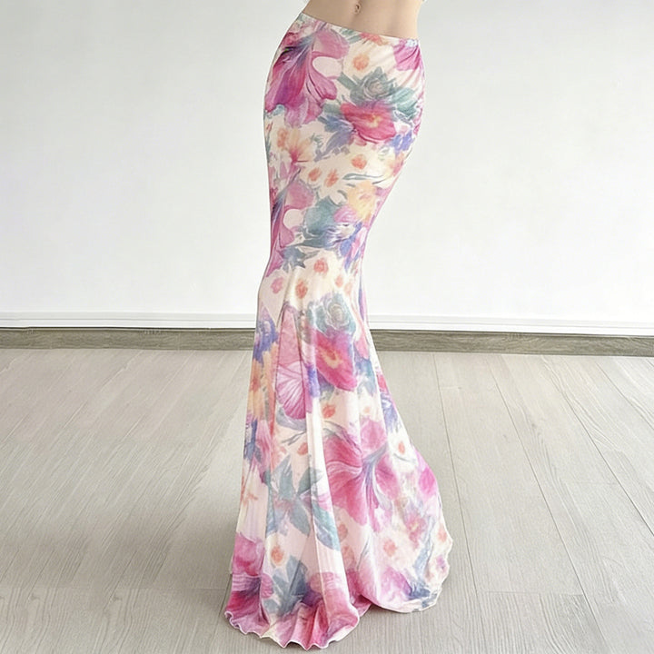 Damen Fließender Maxirock mit floralem Design und schwingendem Saum Echo Archiv