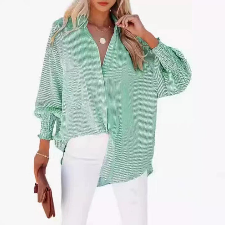 Damen Oversize-gestreifte Leinenoptik-Bluse mit Smokbündchen Echo Archiv