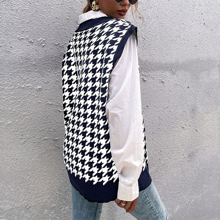 Damen Hochwertiger Strickpullover mit V-Ausschnitt und Hahnentrittmuster Echo Archiv