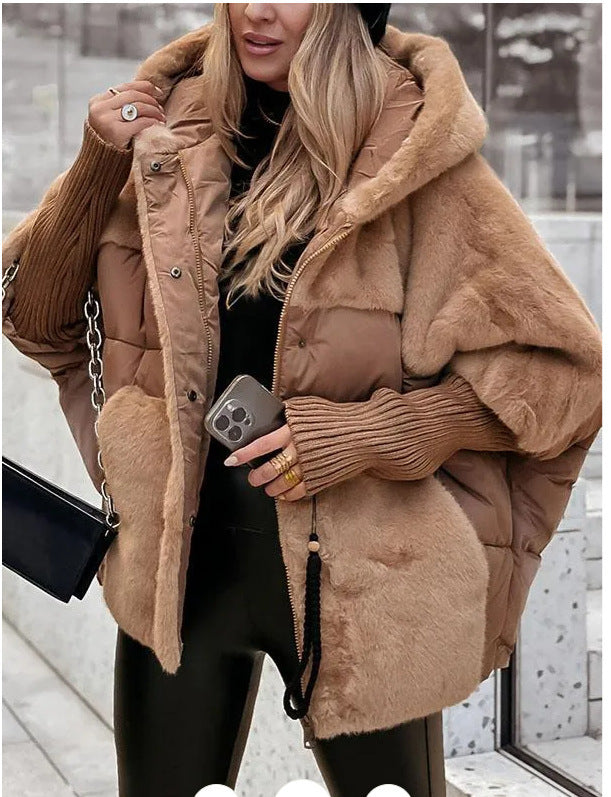 Damen nan oversized gesteppte Winterjacke mit Kunstfellpanelen, Kapuze und integrierten Rippenärmel-Details Echo Archiv