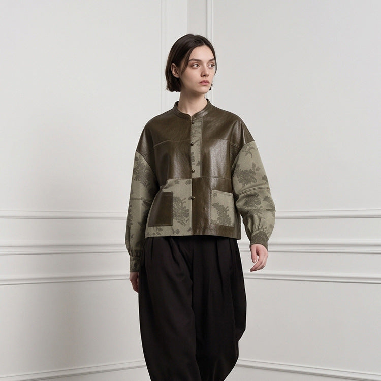 Damen Kurzjacke aus Lederoptik und Jacquard mit Stehkragen Echoarchiv
