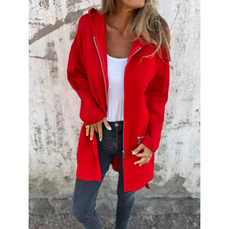 Damen Kapuzen-Longcardigan mit durchgehendem Reißverschluss und Ziertaschen Echo Archiv