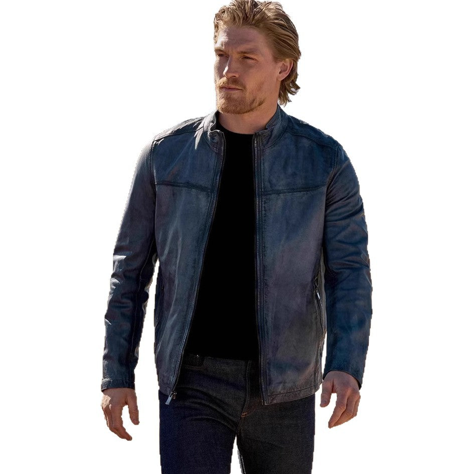 Herren hochwertige Lederjacke im modernen Biker-Stil mit praktischem Stehkragen Echoarchiv