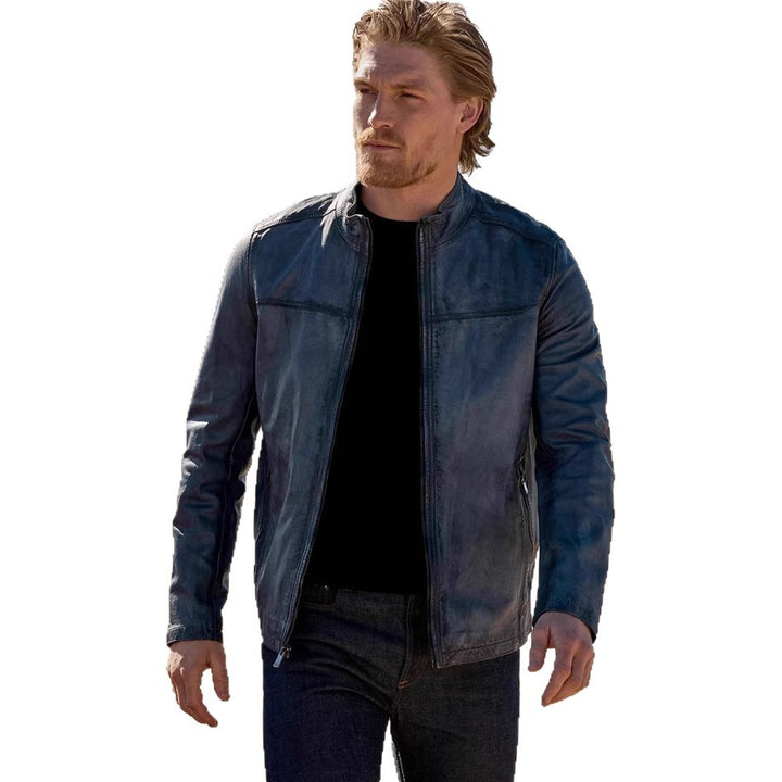 Herren hochwertige Lederjacke im modernen Biker-Stil mit praktischem Stehkragen Echoarchiv