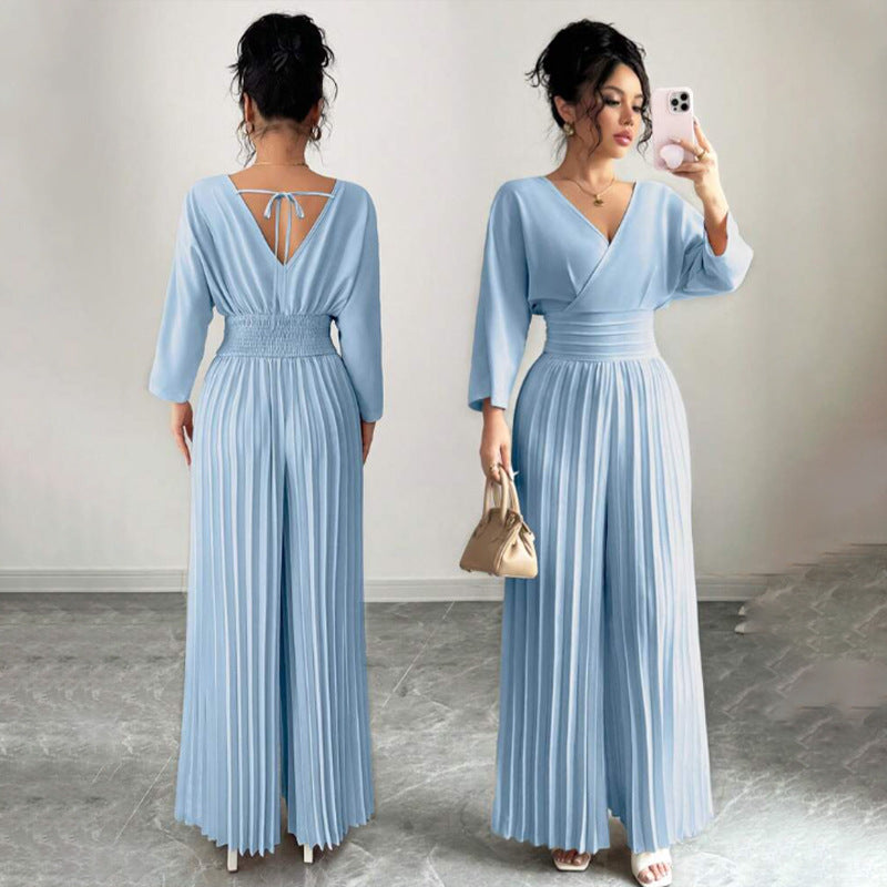Damen Eleganter Plissee-Jumpsuit mit V-Ausschnitt Echo Archiv