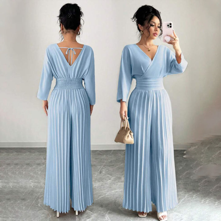 Damen Eleganter Plissee-Jumpsuit mit V-Ausschnitt Echo Archiv