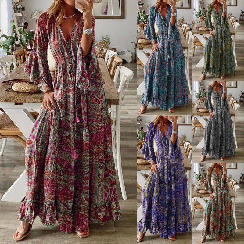 Damen Boho Maxikleid mit Paisley-Print, V-Ausschnitt, Stufenrock und Bindegürtel Echoarchiv