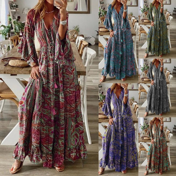 Damen Boho Maxikleid mit Paisley-Print, V-Ausschnitt, Stufenrock und Bindegürtel Echoarchiv