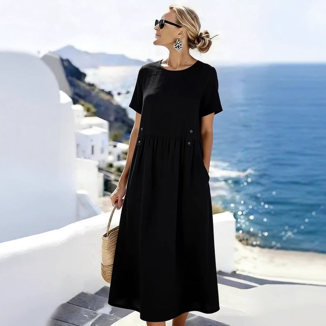 Damen Langes Leinenoptik-Sommerkleid mit geraffter Taillenpartie und Eingrifftaschen – Lunéa