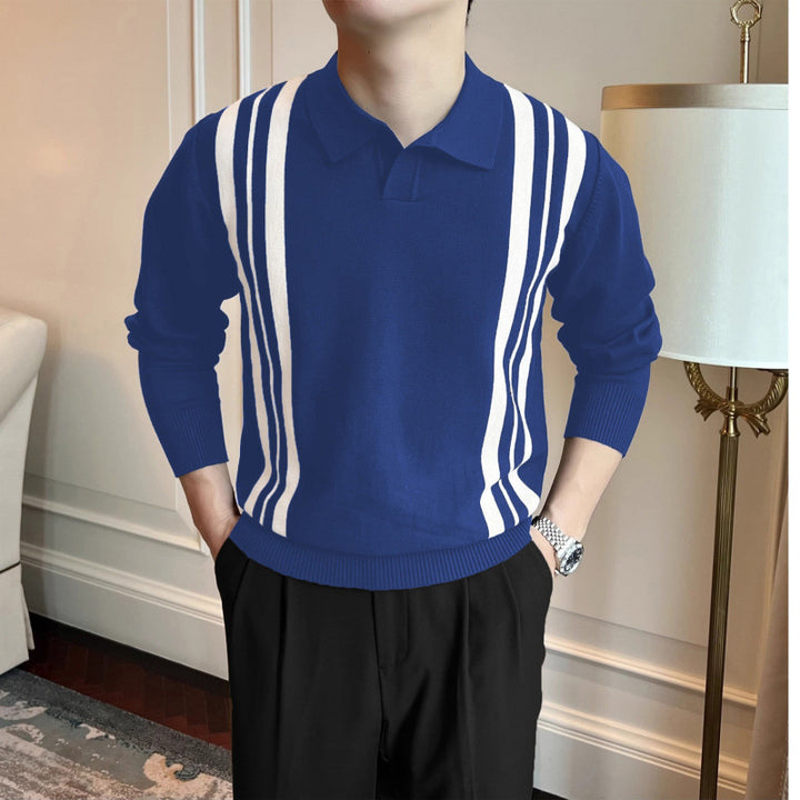 Herren Polokragen-Strickpullover mit markanten Längsstreifen und schmaler Passform Echoarchiv