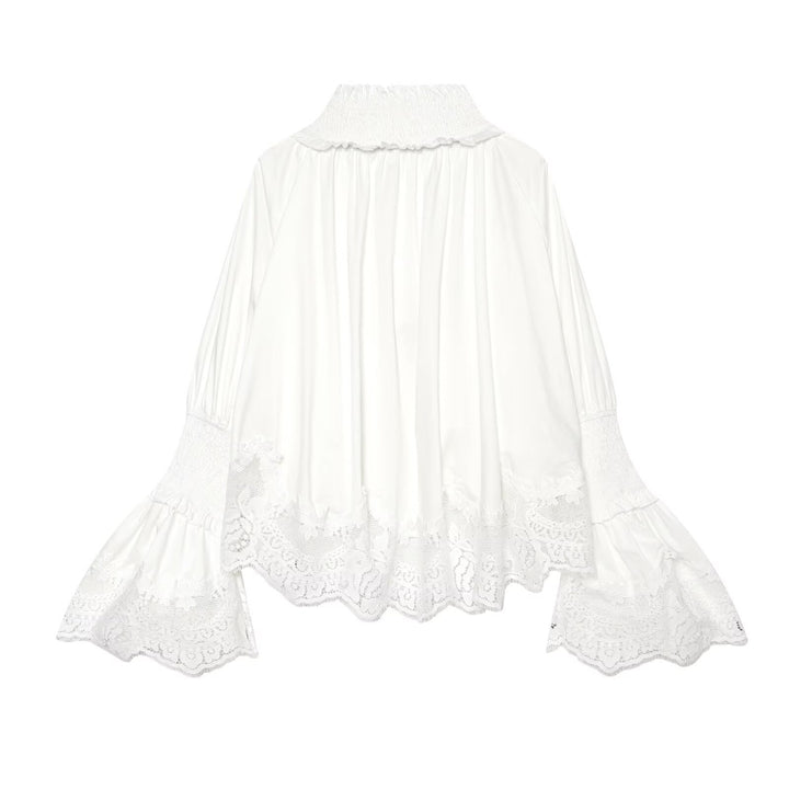 Damen Bluse mit hohem Rüschenkragen, geschmückten Manschetten und Spitzenbordüre Echo Archiv