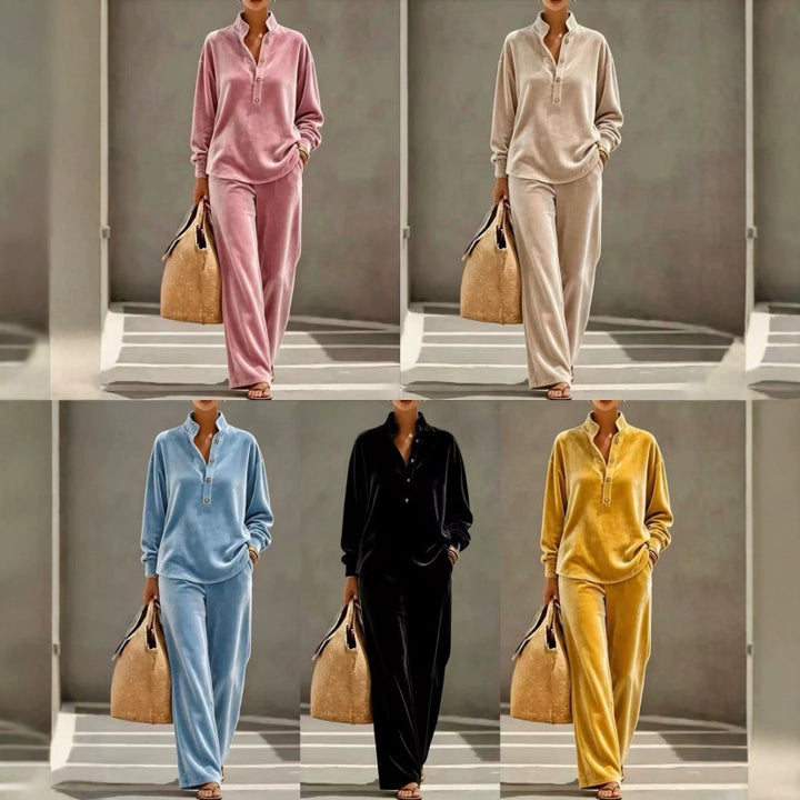 Damen Velours-Loungewear-Set mit Stehkragen-Henleytop und weiter Palazzohose Echoarchiv