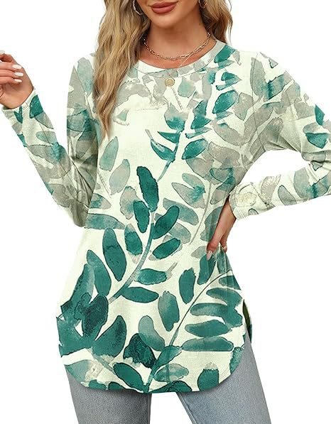 Damen Lässiges Longsleeve-Tunikaoberteil mit Rundhalsausschnitt, Seitenschlitzen und Aquarell-Blattprint Echo Archiv