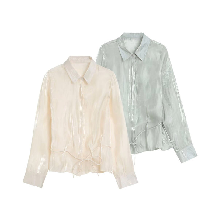 Damen Glänzende Bluse mit Tunnelzugsaum und Hemdkragen Echo Archiv
