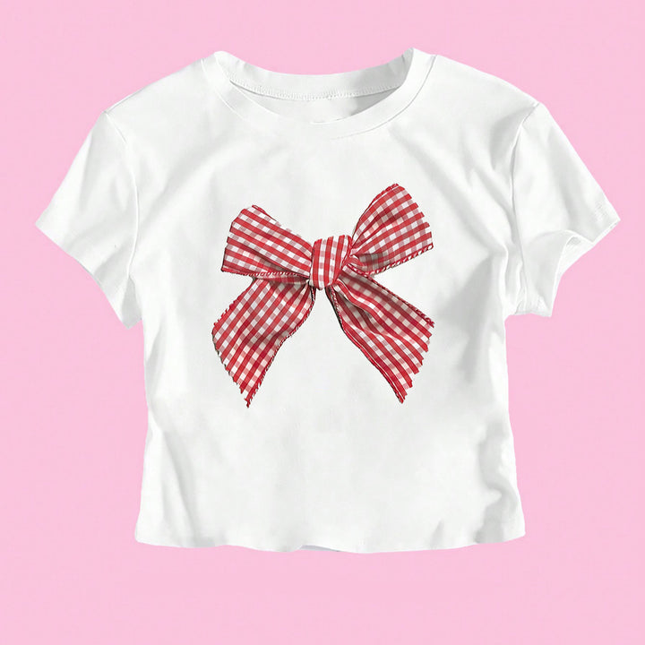 Damen Crop-T-Shirt mit verspieltem Karoband-Motiv und lässigem Schnitt Echo Archiv