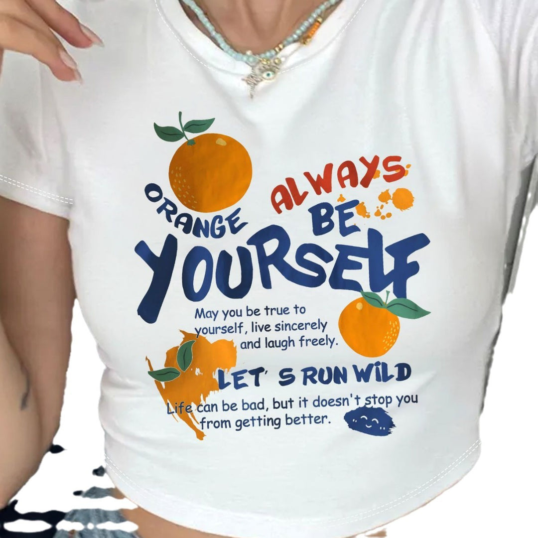 Damen Crop-T-Shirt mit inspirierendem Schriftzug und fröhlichem Obstmotiv Echo Archiv