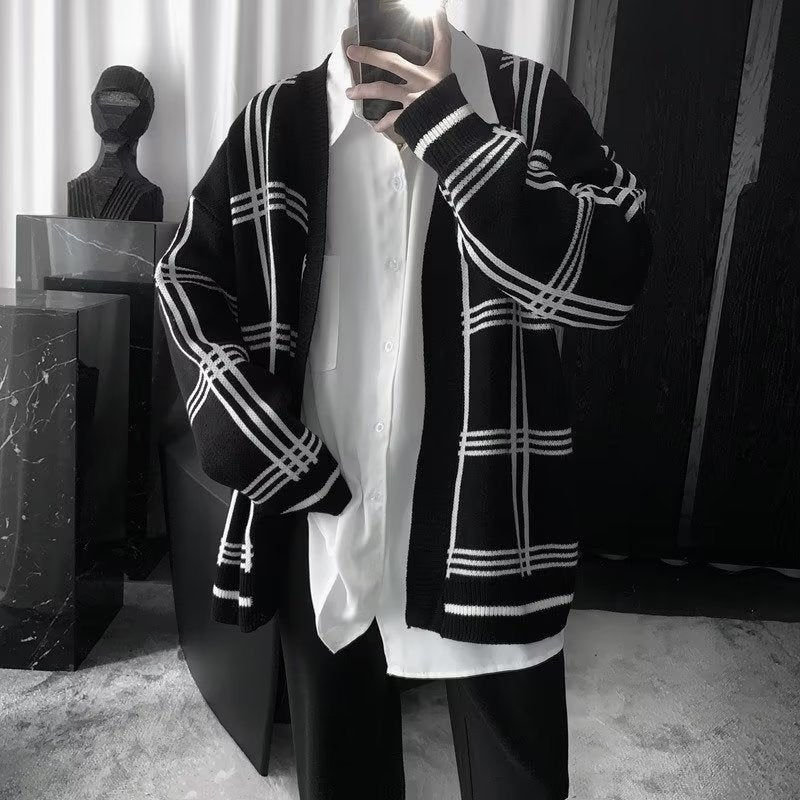 Herren Oversized Strickcardigan mit Karomuster und offener Front Echoarchiv