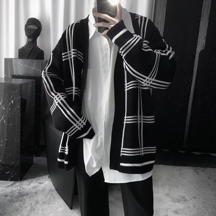 Herren Oversized Strickcardigan mit Karomuster und offener Front Echoarchiv