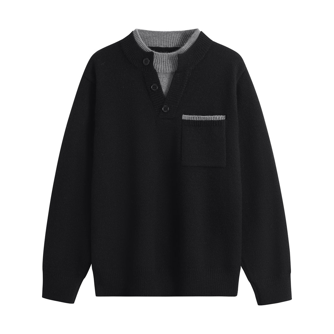 Herren Feinstrick-Henley-Pullover mit Knopfleiste, Brusttasche & Kontrastkragen Echoarchiv