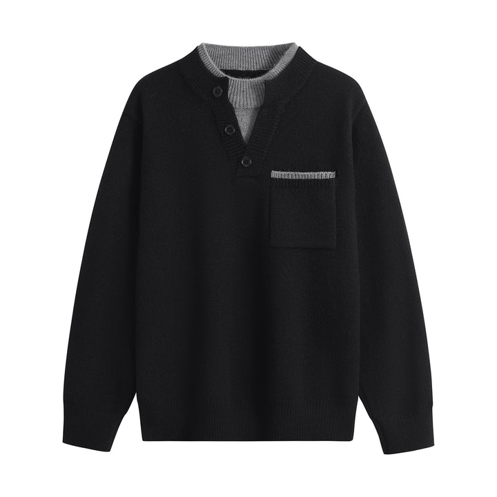 Herren Feinstrick-Henley-Pullover mit Knopfleiste, Brusttasche & Kontrastkragen Echoarchiv
