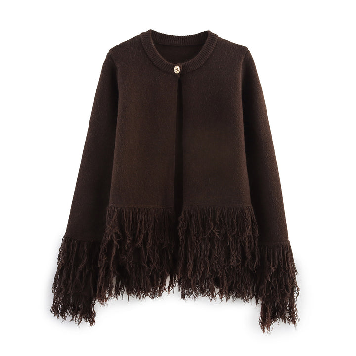 Damen Fransenponcho mit Rundhalsausschnitt und dekorativem Knopfverschluss – Célinea