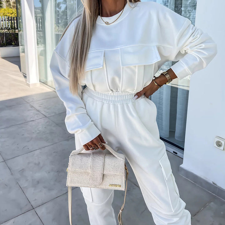 Damen Cargo-Loungewear-Set aus weicher Baumwollmischung mit hoher Taille und aufgesetzten Cargo-Taschen – Avélisse