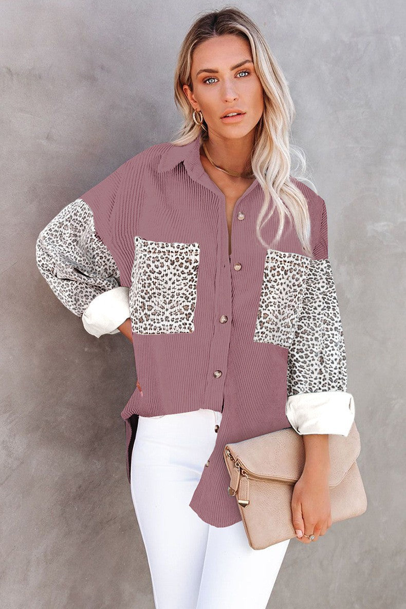 Damen Oversize-Hemdbluse mit Strukturstoff und Leo-Print Einsätzen Echo Archiv