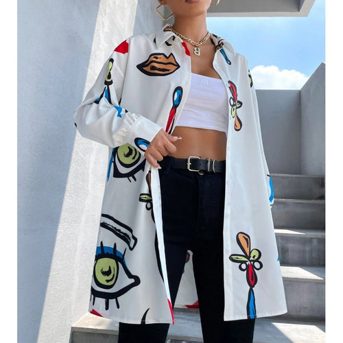 Damen Oversized Longbluse mit Pop‑Art‑Print, Hemdkragen und durchgehender Knopfleiste Echo Archiv