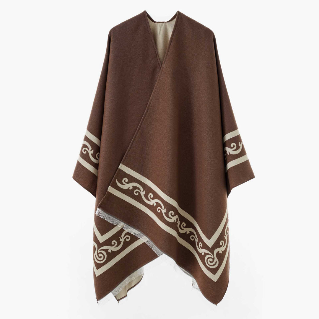 Damen Oversize-Cape mit geometrischem Jacquard und Fransensaum – Avérine