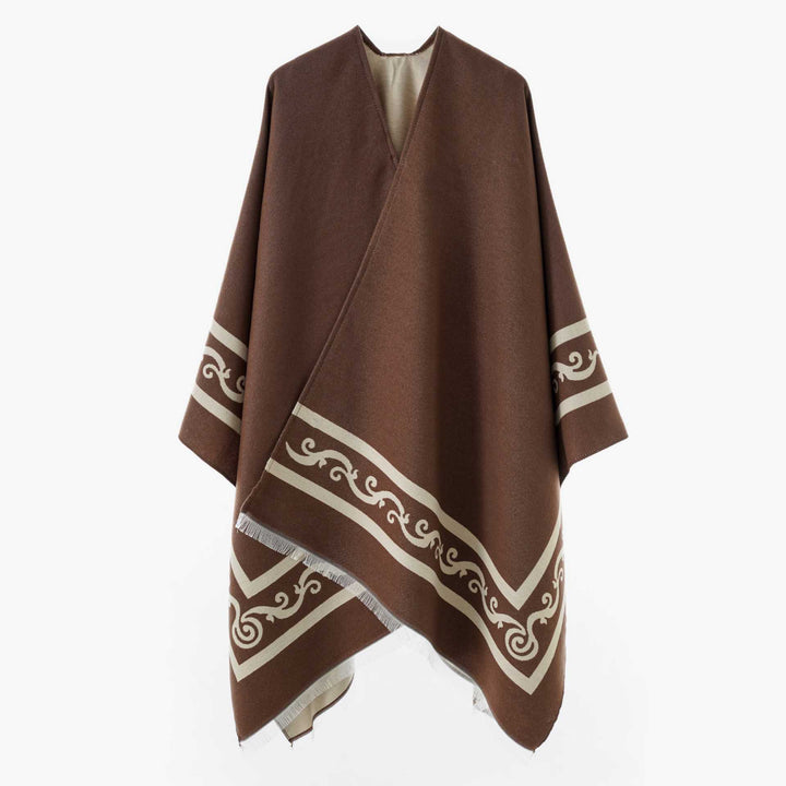 Damen Oversize Jacquard-Capeponcho aus Wollmix mit geometrischem Muster und Fransen Echo Archiv