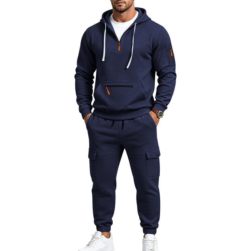 Herren Zweiteiliges Fleece-Loungewear-Set mit Halbzip-Kapuze und Cargo-Jogger – Cavarno