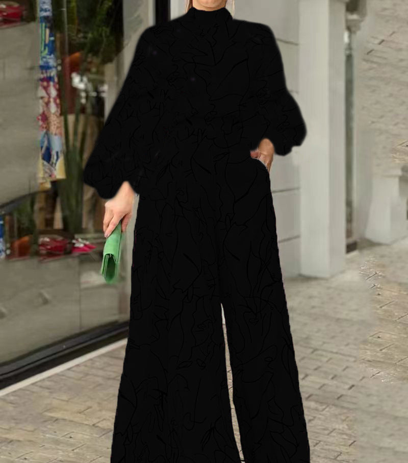 Damen Eleganter Longline Jumpsuit mit Stehkragen, Ballonärmeln und Seitentaschen Echoarchiv