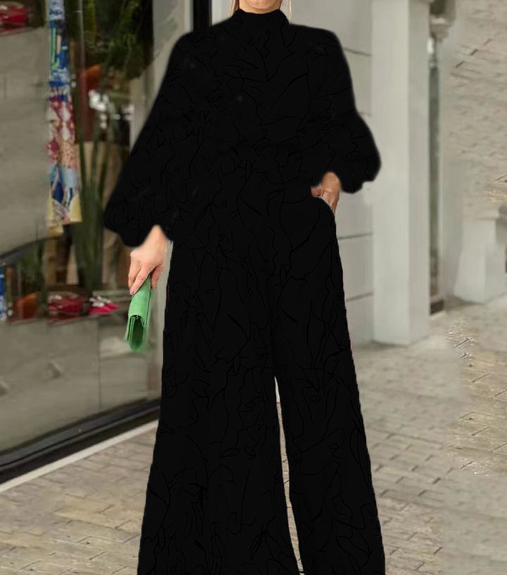 Damen Eleganter Longline Jumpsuit mit Stehkragen, Ballonärmeln und Seitentaschen Echoarchiv