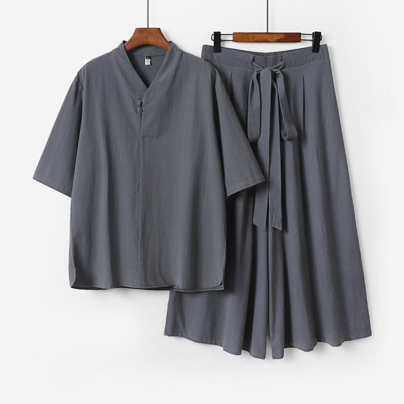 Unisex Zweiteiliges Kimono-Lounge-Set mit Stehkragen Kurzarmtop und weiter Bindbundhose Echoarchiv