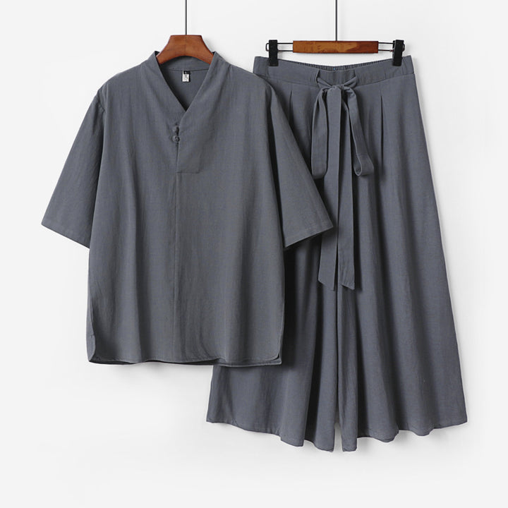 Unisex Zweiteiliges Kimono-Lounge-Set mit Stehkragen Kurzarmtop und weiter Bindbundhose Echoarchiv