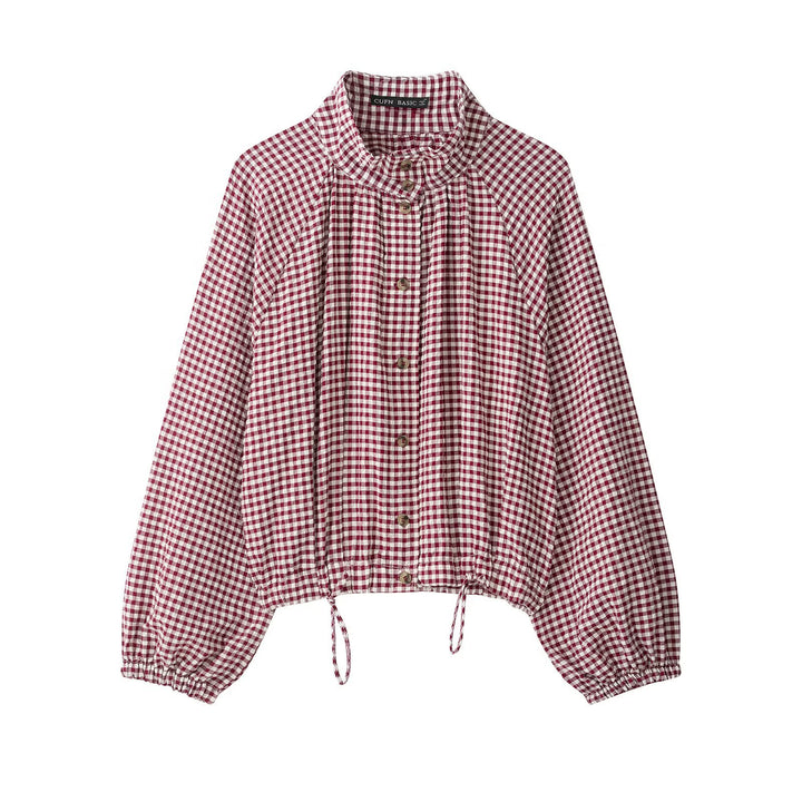 Damen Karierte Bluse mit Stehkragen, Raglanärmeln und Tunnelzugsaum Echo Archiv