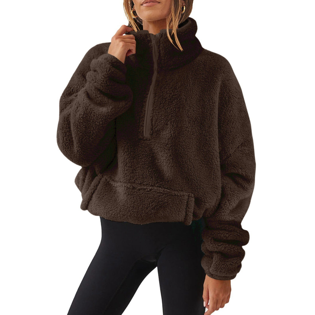 Damen Oversize-Halbzip Teddy-Fleecepullover mit Kängurutasche und hohem Stehkragen – Avérine