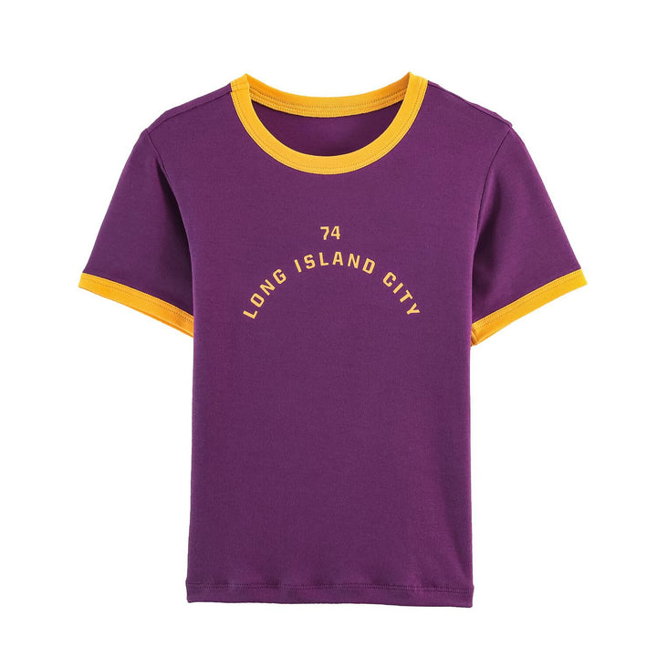 Damen modisches T-Shirt mit kontrastierenden Ärmeln und aufgedrucktem Schriftzug Echo Archiv