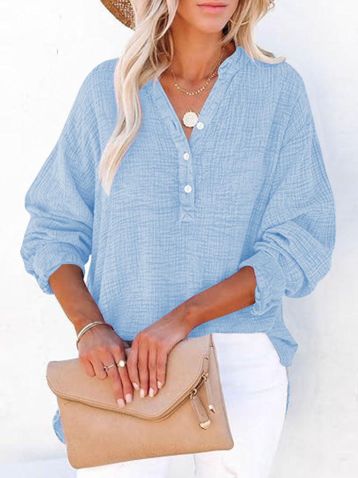 Damen Oversize Texturierte Baumwollbluse mit Henley-Knopfleiste Echoarchiv