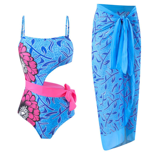 Damen Einteiler Badeanzug mit asymmetrischem Schnitt und farbenfrohem Wickelrock Echo Archiv