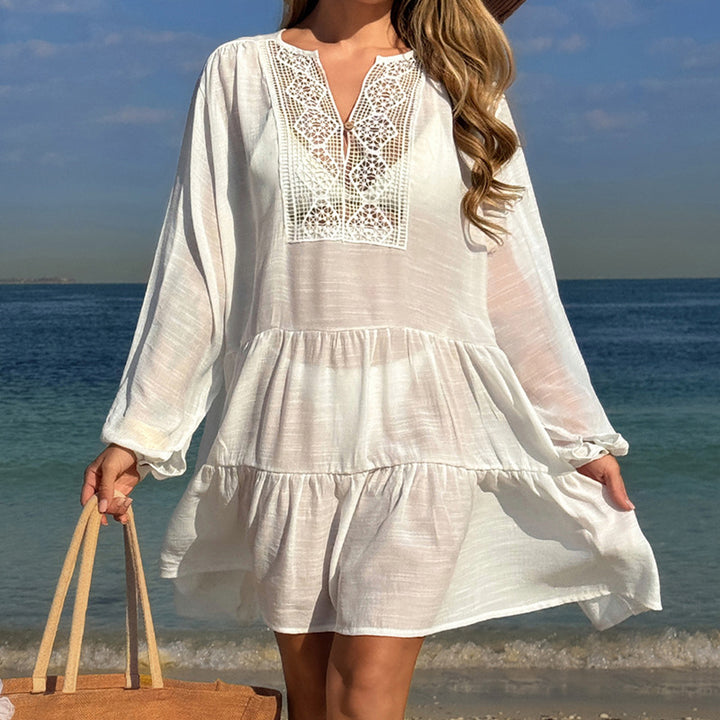 Damen luftiges Strandkleid mit Spitzenbesatz und Wasserfall-Saum Echo Archiv