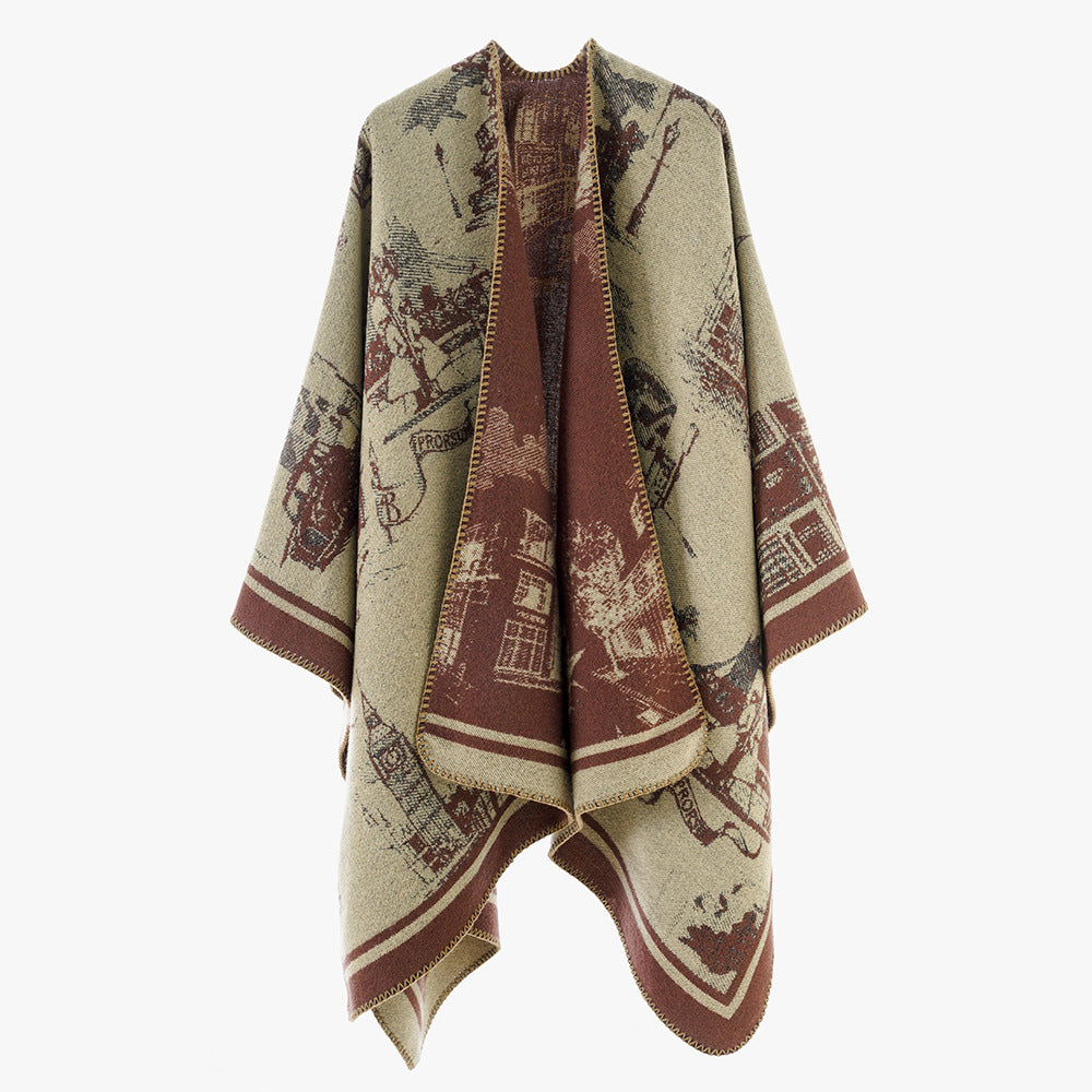 Damen Jacquard‑Capeponcho mit ikonischem Städte‑Jacquard und offenem Oversize‑Fall Echo Archiv