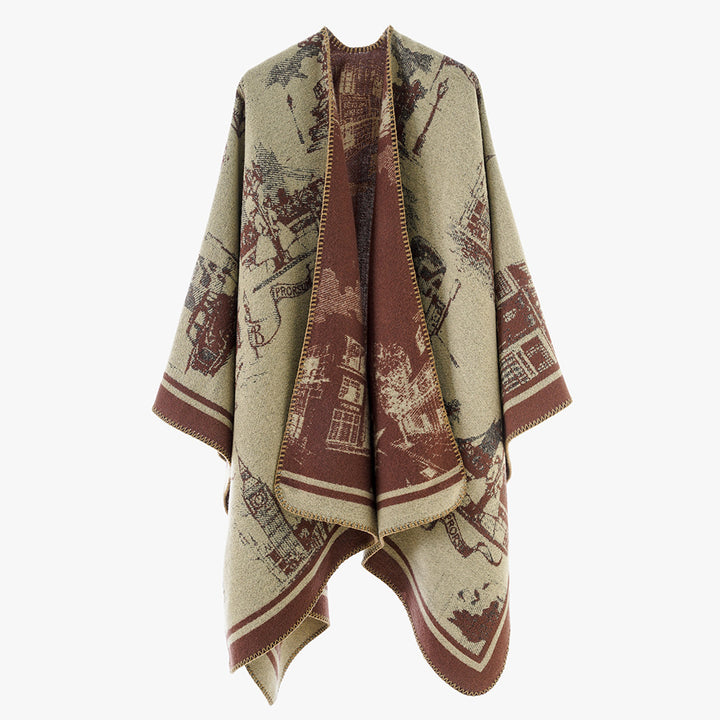 Damen Jacquard‑Capeponcho mit ikonischem Städte‑Jacquard und offenem Oversize‑Fall Echo Archiv