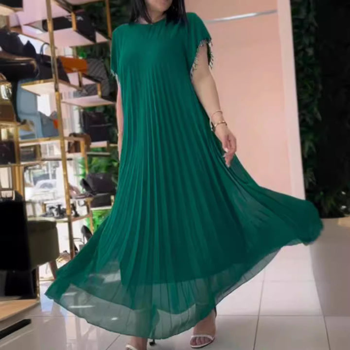 Damen nan elegantes Chiffon-Faltenmaxikleid mit weitem Schwingrock und Quastenärmeln Echo Archiv