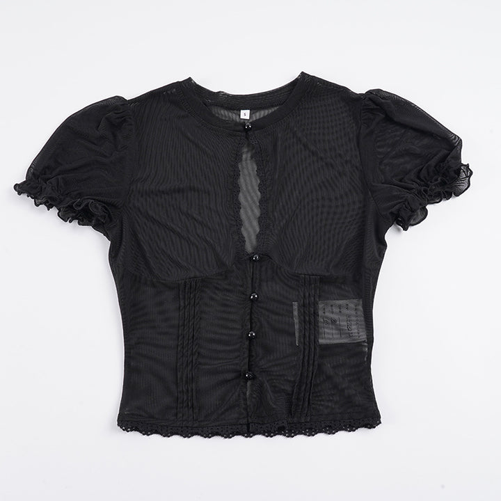 Damen Spitze Oberteil mit Puffärmeln und dekorativen Knopfdetails Echo Archiv