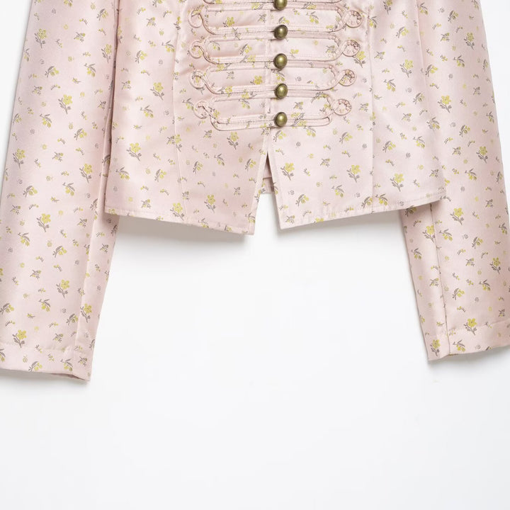 Damen Cropped Satin-Militärjacke mit Stehkragen und Zierfroschverschluss Echoarchiv