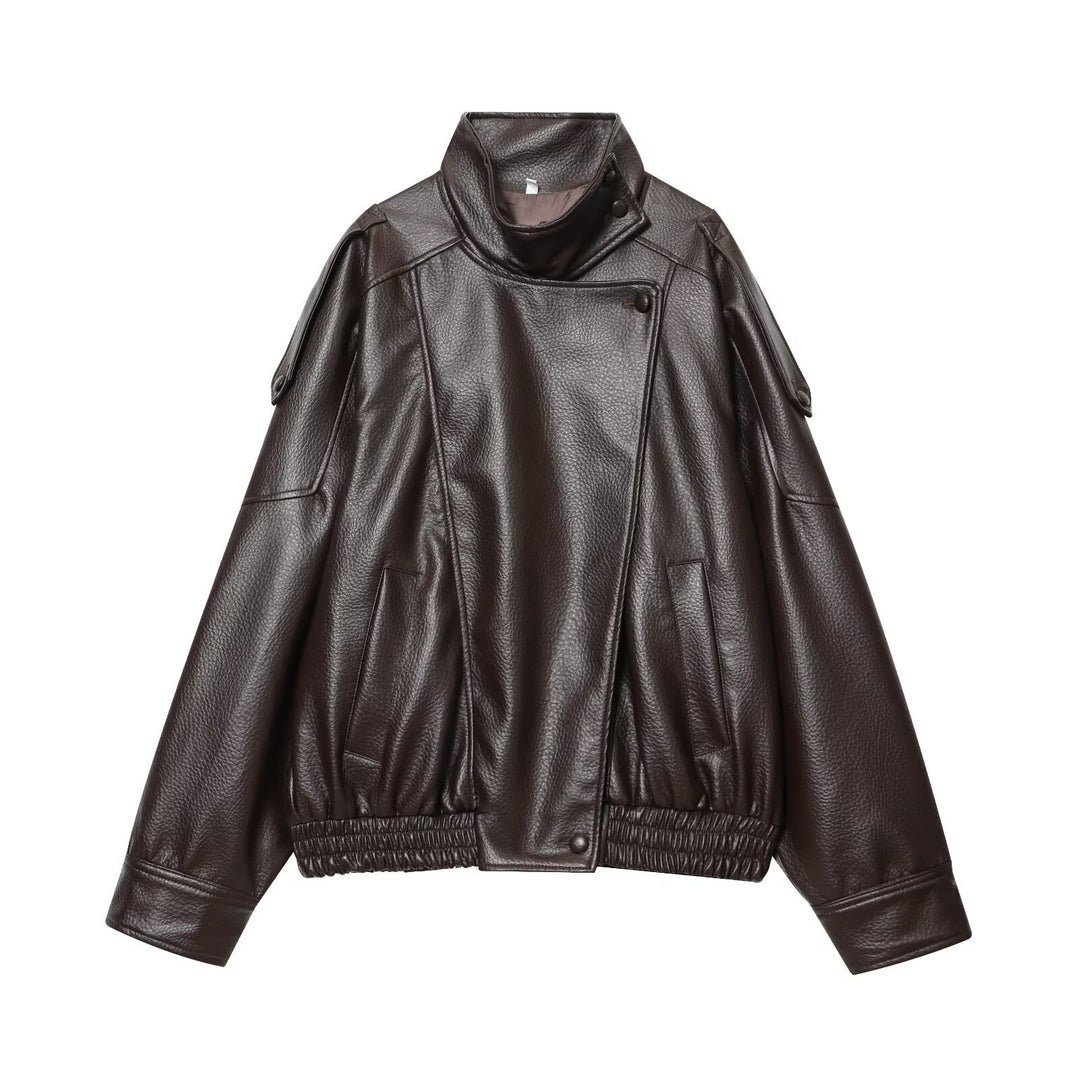 Damen nan Kunstleder-Bomberjacke mit hohem Stehkragen, asymmetrischer Druckknopfleiste und elastischem Saum Echo Archiv