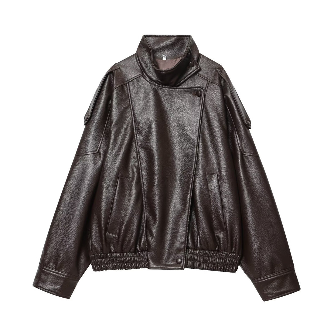 Damen Kunstleder-Bomberjacke mit hohem Stehkragen, asymmetrischer Druckknopfleiste und elastischem Saum – Avenza