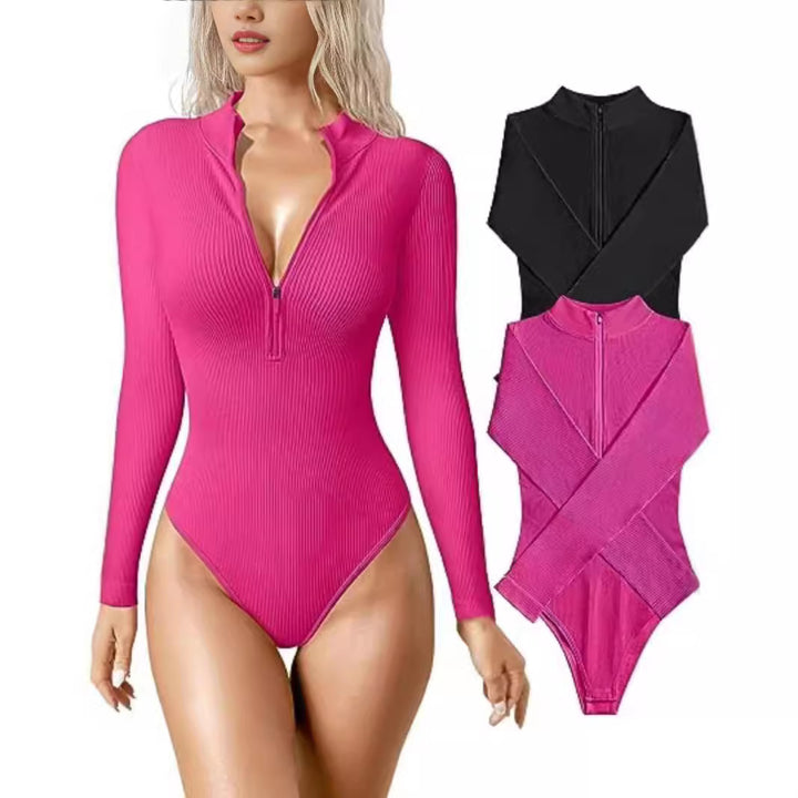 Damen Enganliegendes Rippstrick-Longsleeve mit Halbzip und Stehkragen Echoarchiv