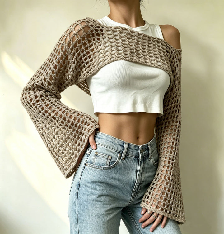Damen gehäkelter kurzer Bolero mit asymmetrischem Schulterauschnitt und ausgestellten Ärmeln – Célinea